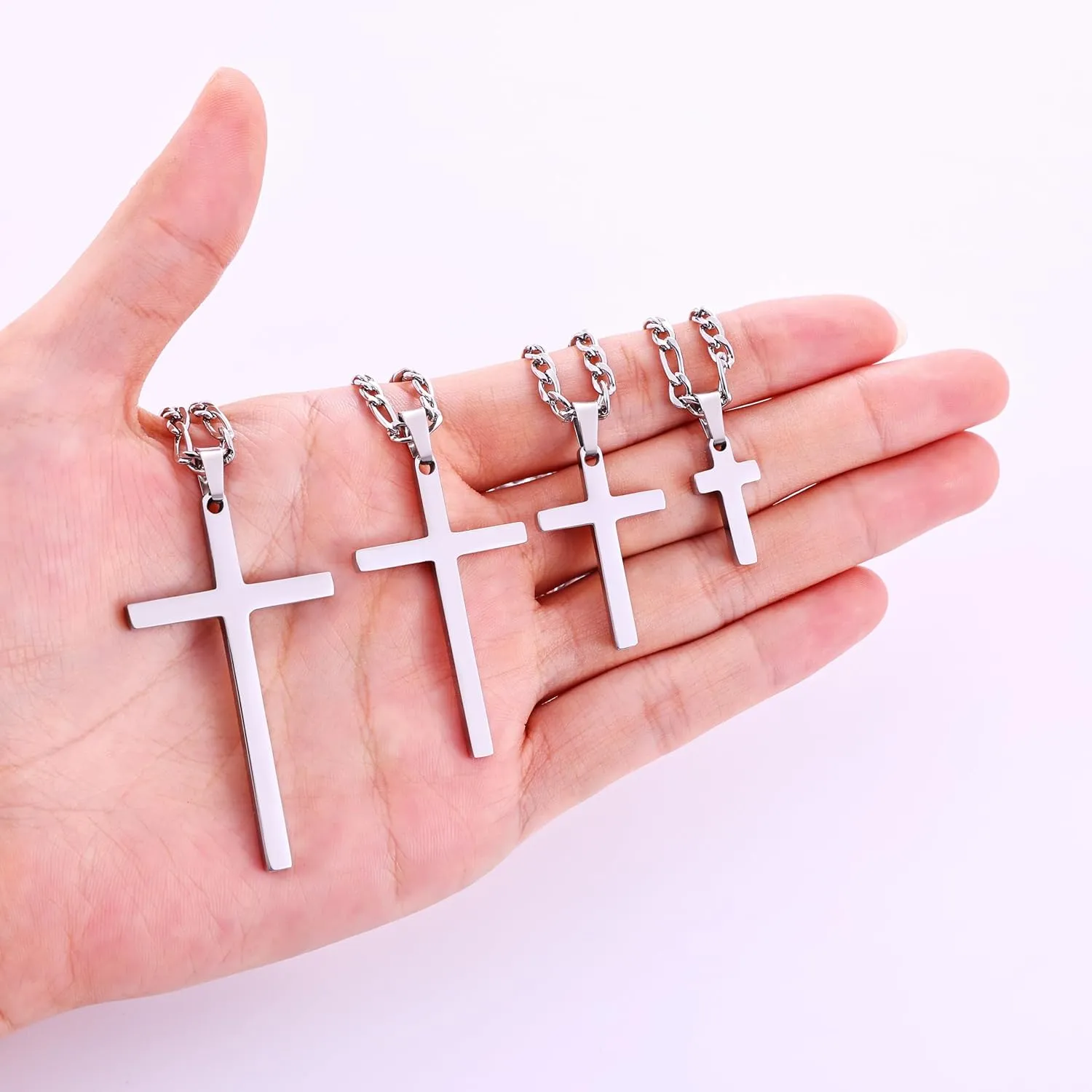 Fiusem Silver Tone Cross Necklace for Men, Stainless Steel Mens Cross Necklaces with 3.5mm Figaro Chain, Pendant Chain 16-24 Inches
