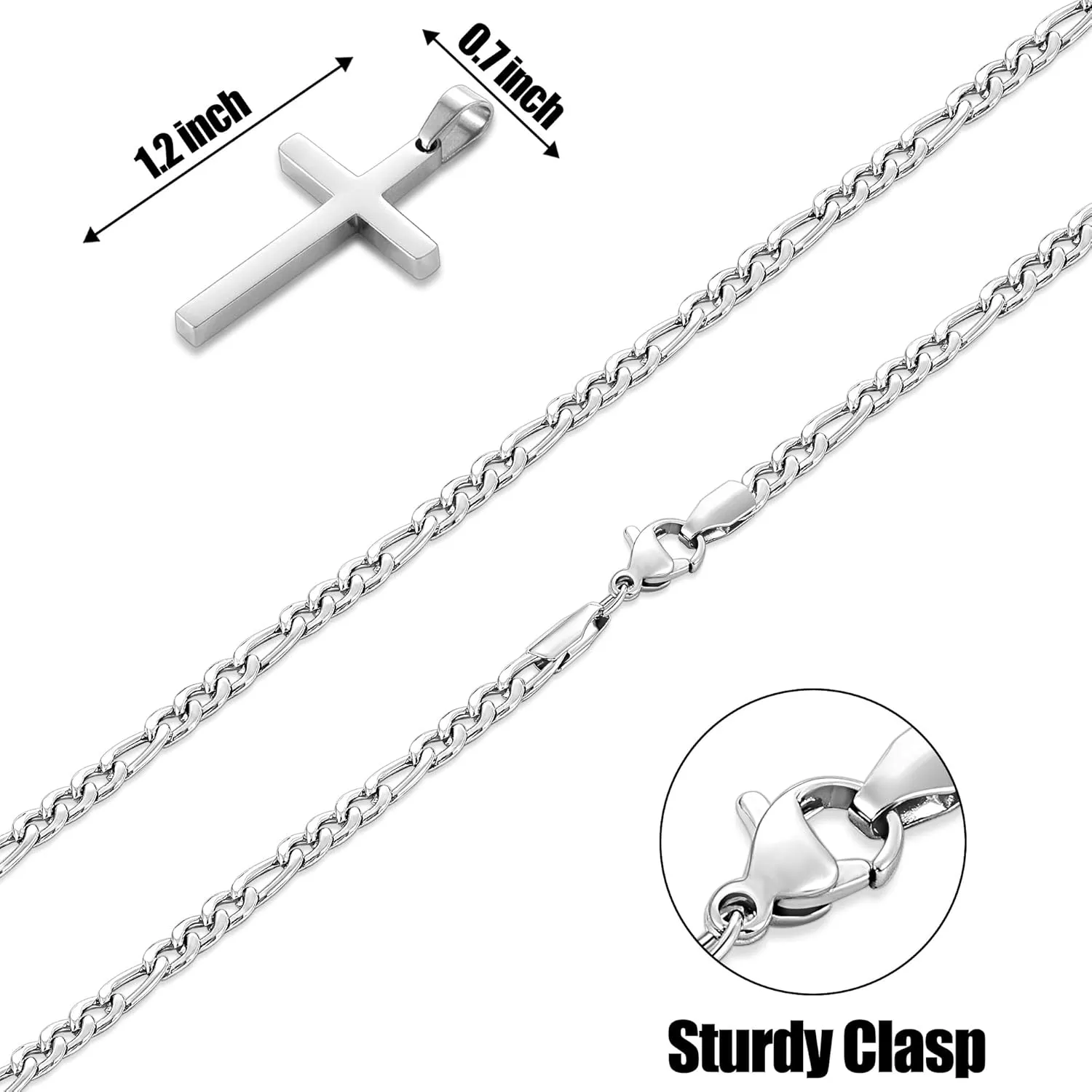 Fiusem Silver Tone Cross Necklace for Men, Stainless Steel Mens Cross Necklaces with 3.5mm Figaro Chain, Pendant Chain 16-24 Inches