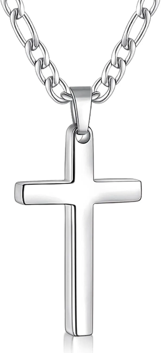 Fiusem Silver Tone Cross Necklace for Men, Stainless Steel Mens Cross Necklaces with 3.5mm Figaro Chain, Pendant Chain 16-24 Inches