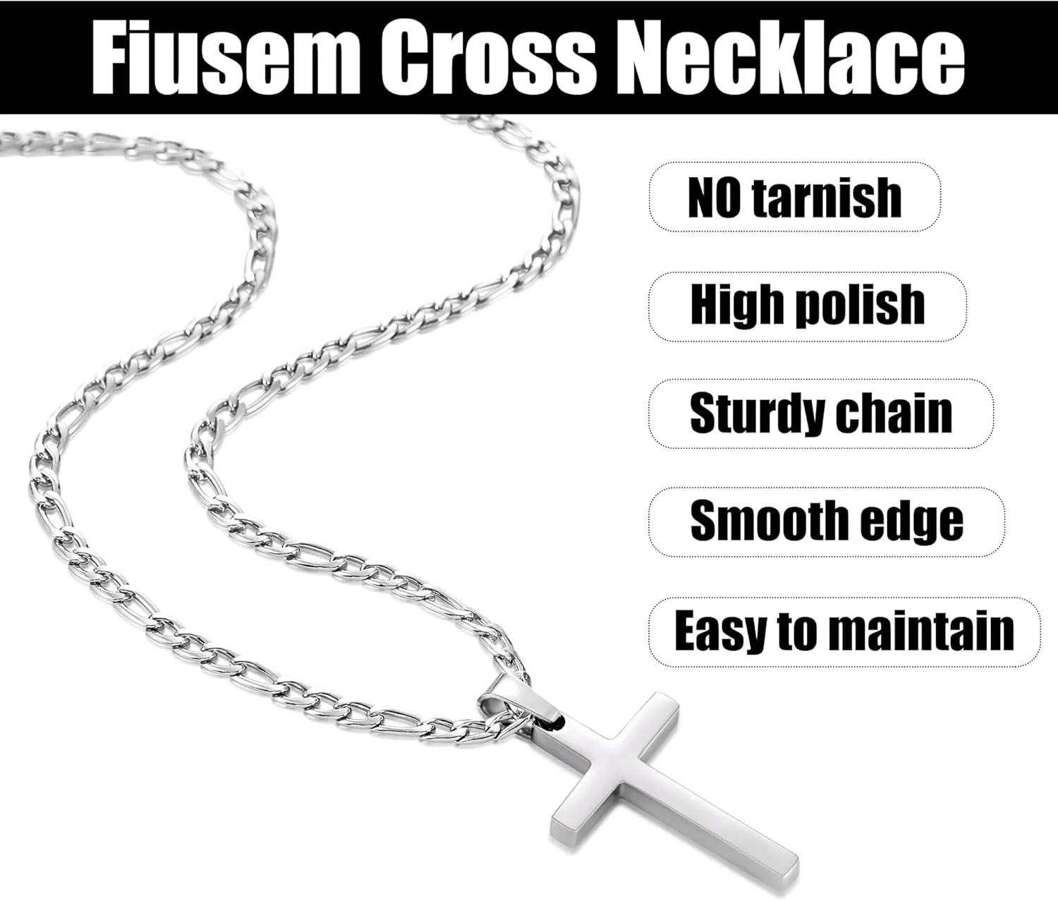 Fiusem Silver Tone Cross Necklace for Men, Stainless Steel Mens Cross Necklaces with 3.5mm Figaro Chain, Pendant Chain 16-24 Inches