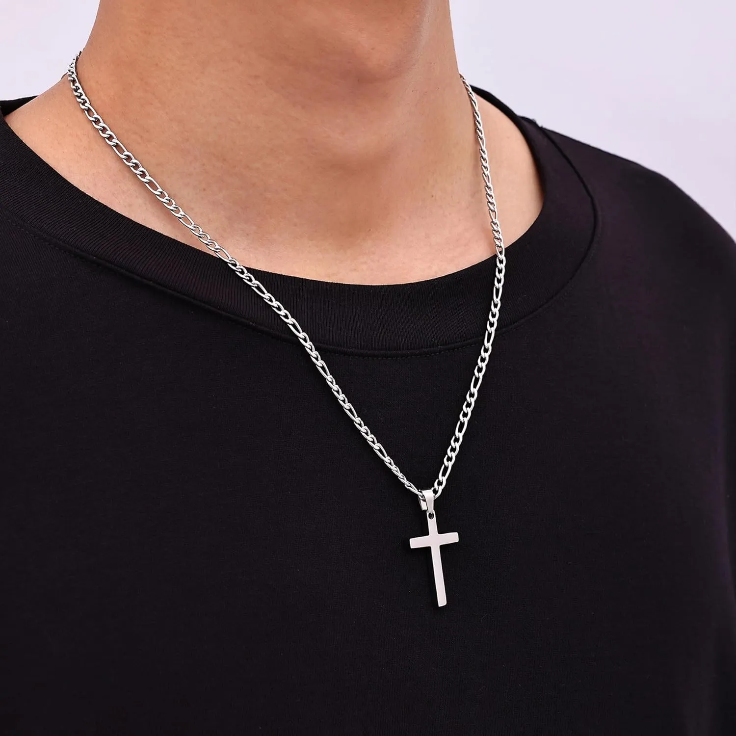 Fiusem Silver Tone Cross Necklace for Men, Stainless Steel Mens Cross Necklaces with 3.5mm Figaro Chain, Pendant Chain 16-24 Inches