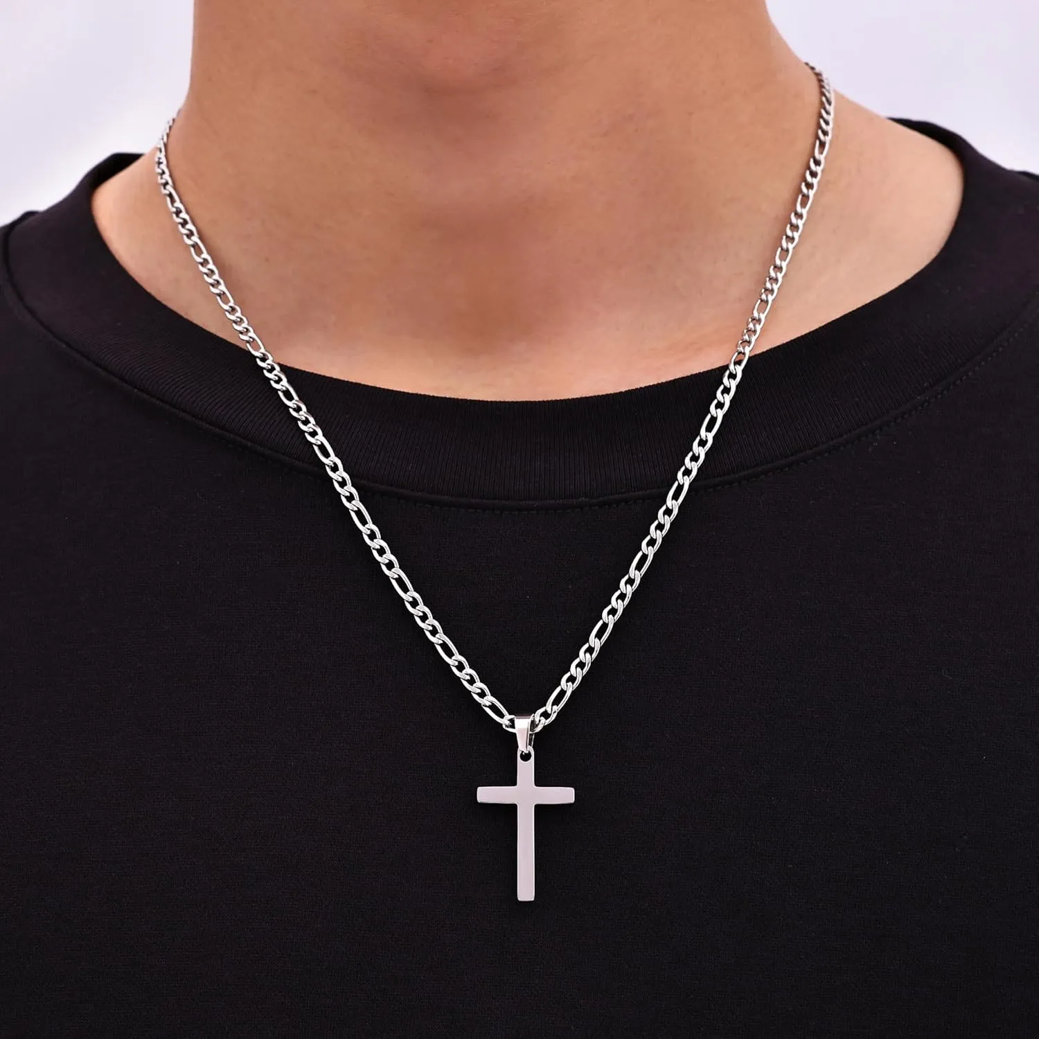 Fiusem Silver Tone Cross Necklace for Men, Stainless Steel Mens Cross Necklaces with 3.5mm Figaro Chain, Pendant Chain 16-24 Inches