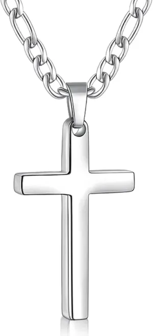 Fiusem Silver Tone Cross Necklace for Men, Stainless Steel Mens Cross Necklaces with 3.5mm Figaro Chain, Pendant Chain 16-24 Inches