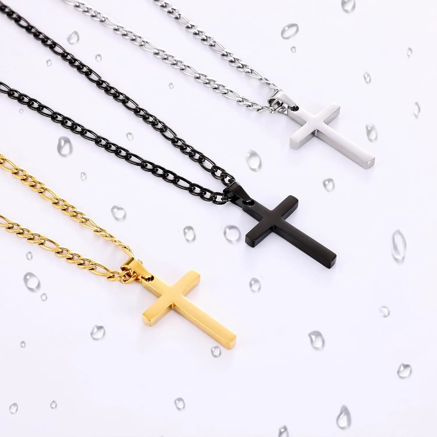 Fiusem Silver Tone Cross Necklace for Men, Stainless Steel Mens Cross Necklaces with 3.5mm Figaro Chain, Pendant Chain 16-24 Inches