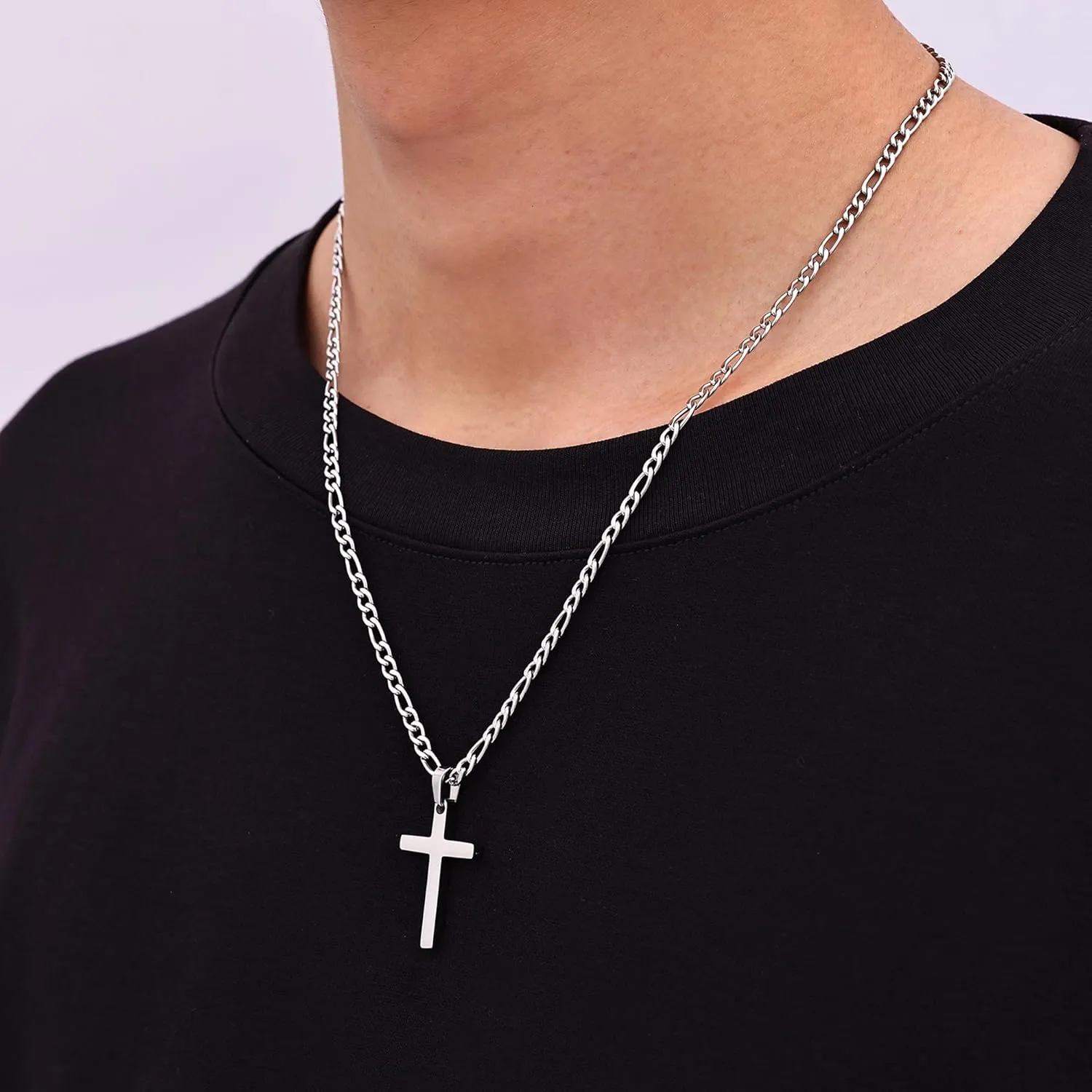 Fiusem Silver Tone Cross Necklace for Men, Stainless Steel Mens Cross Necklaces with 3.5mm Figaro Chain, Pendant Chain 16-24 Inches