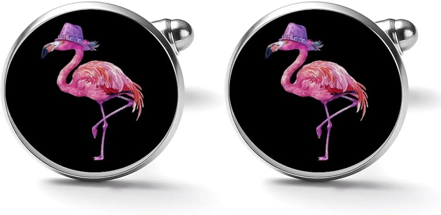 Flamingo With Hat Cufflinks Funny Cuff Links Cute Shirt Studs Accessories Jewelry Gift for Men