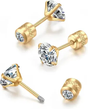 Flat Screw Back Stud Earrings 20G,Tiny Unisex Hypoallergenic Titanium Cartilage Earrings,Safety Screw on Double Round Cubic Zirconia Dainty Helix Earrings for Women,Men,Girls,Size 3-6 mm,Color White Gold - Yellow Gold - Rose Gold - Black