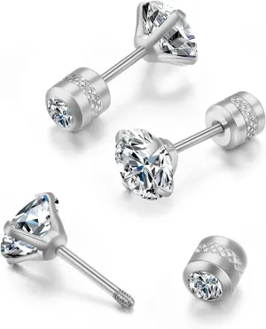 Flat Screw Back Stud Earrings 20G,Tiny Unisex Hypoallergenic Titanium Cartilage Earrings,Safety Screw on Double Round Cubic Zirconia Dainty Helix Earrings for Women,Men,Girls,Size 3-6 mm,Color White Gold - Yellow Gold - Rose Gold - Black