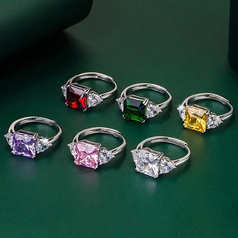 FLYYQMIAO Delicate Simulated Diamond Ring for Women Engagement Princess Wedding Promise 925 Silver Square Cut Cubic Zirconia CZ Bands Halo Love Red Pink Purple Crystal Open Adjustable Rings(White)