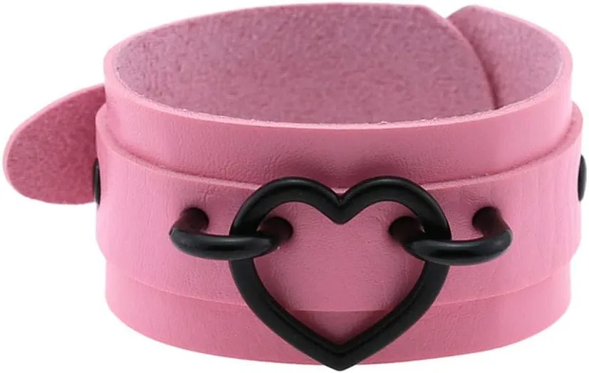 FM FM42 Punk Gothic Multicolor PU Simulated Leather Heart Ring 4cm(1.57") Wide Bracelet