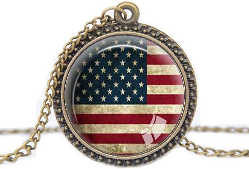FM FM42 USA National Flag Round Pendant Necklace with 26" Rolo Chain (4 Styles)