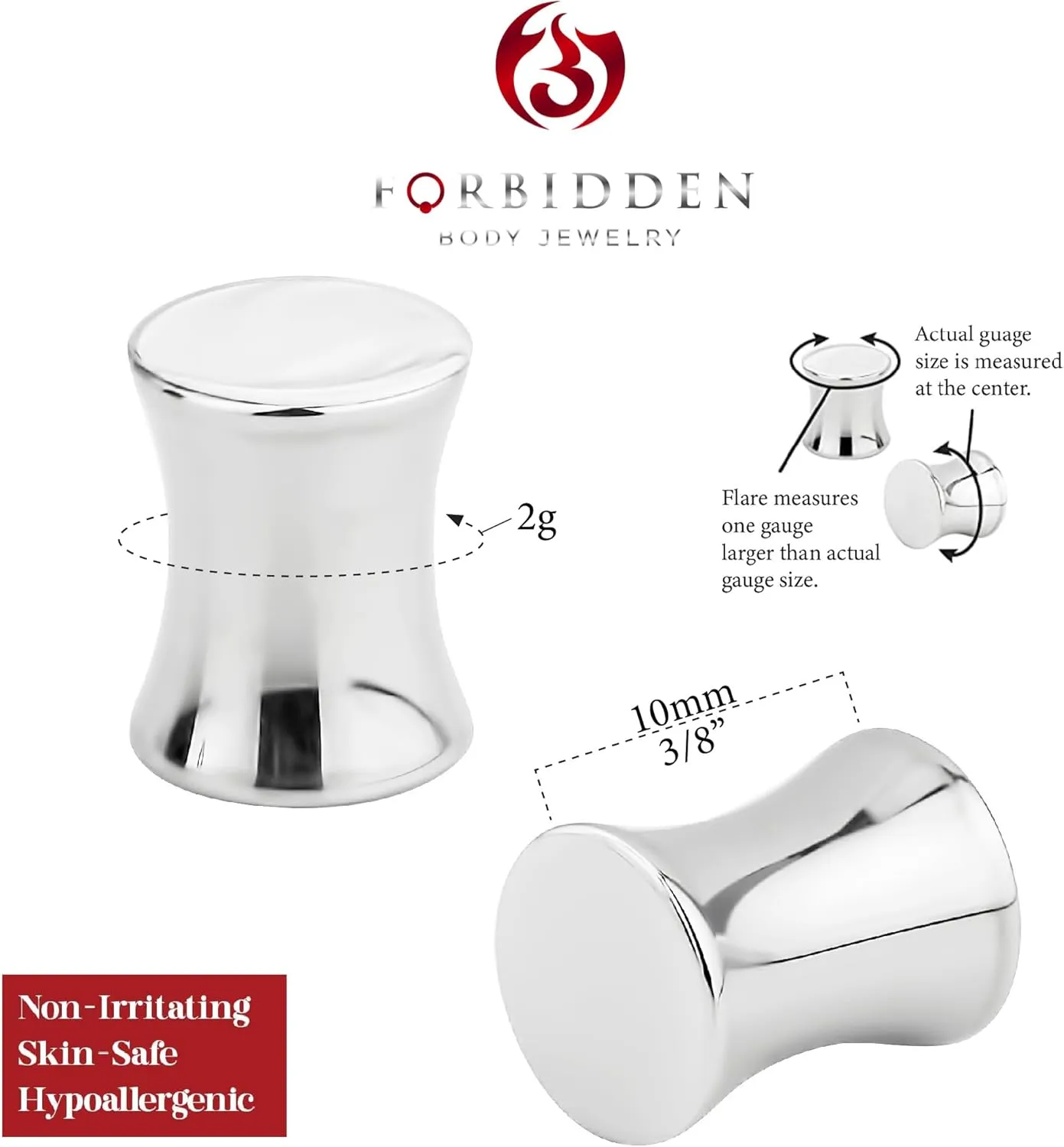 Forbidden Body Jewelry Surgical Steel Ear Gauges, Solid Double Flared Saddle Plugs, 3mm - 8mm