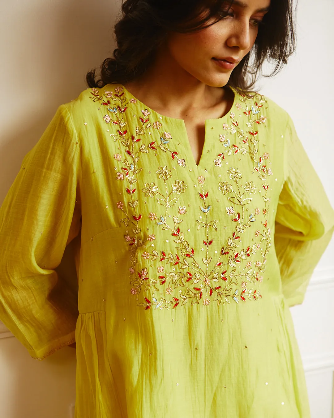 FRESH LIME CHANDERI KURTA SET