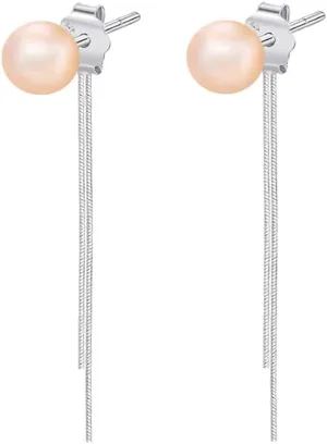 Freshwater Pearl Threader Tassel Dangle Earrings Sterling Silver 925 Minimalist Long Chain Ear Line Dangling Drop Ear Jackets Pearls Stud Earring Hypoallergenic Jewelry Gifts for Women