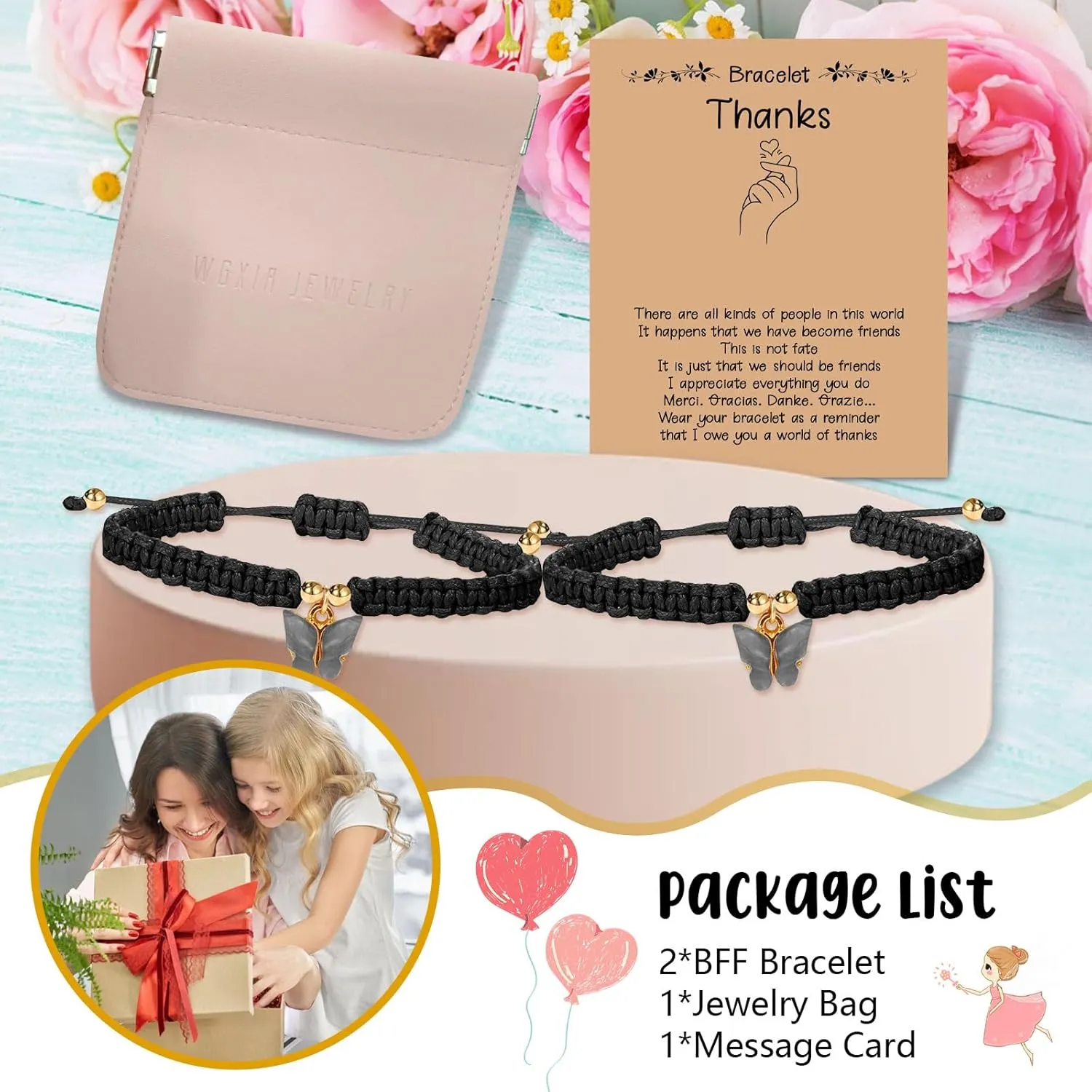 Friendship Butterfly Gifts for Women, Black Bracelets for Women Girls Best Friends String Matching Handmade Adjustable Butterfly Charm Cord Bracelets for Women