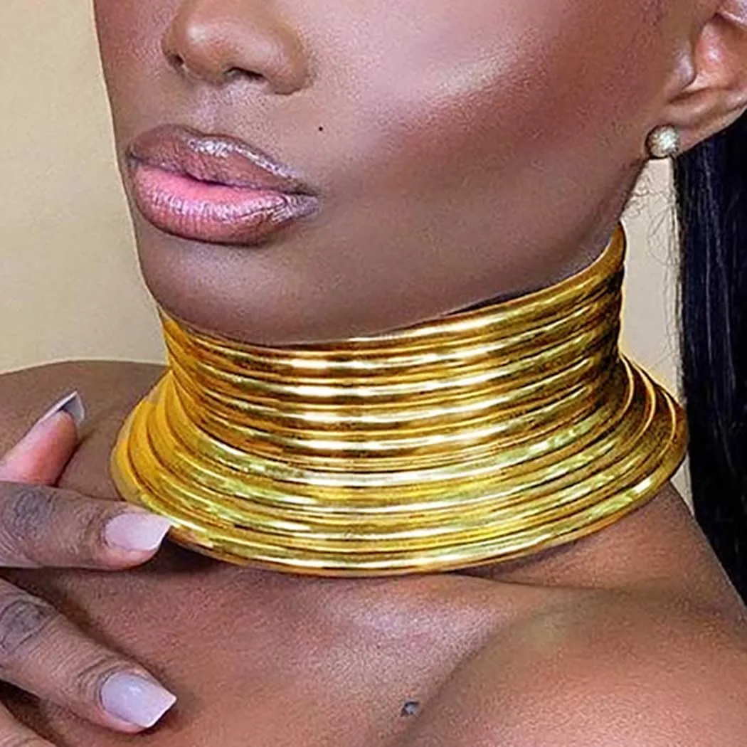 Fstrend African National Choker Collars Gold Leather Chunky Punk Necklace Gothic Statement Necklaces for Women