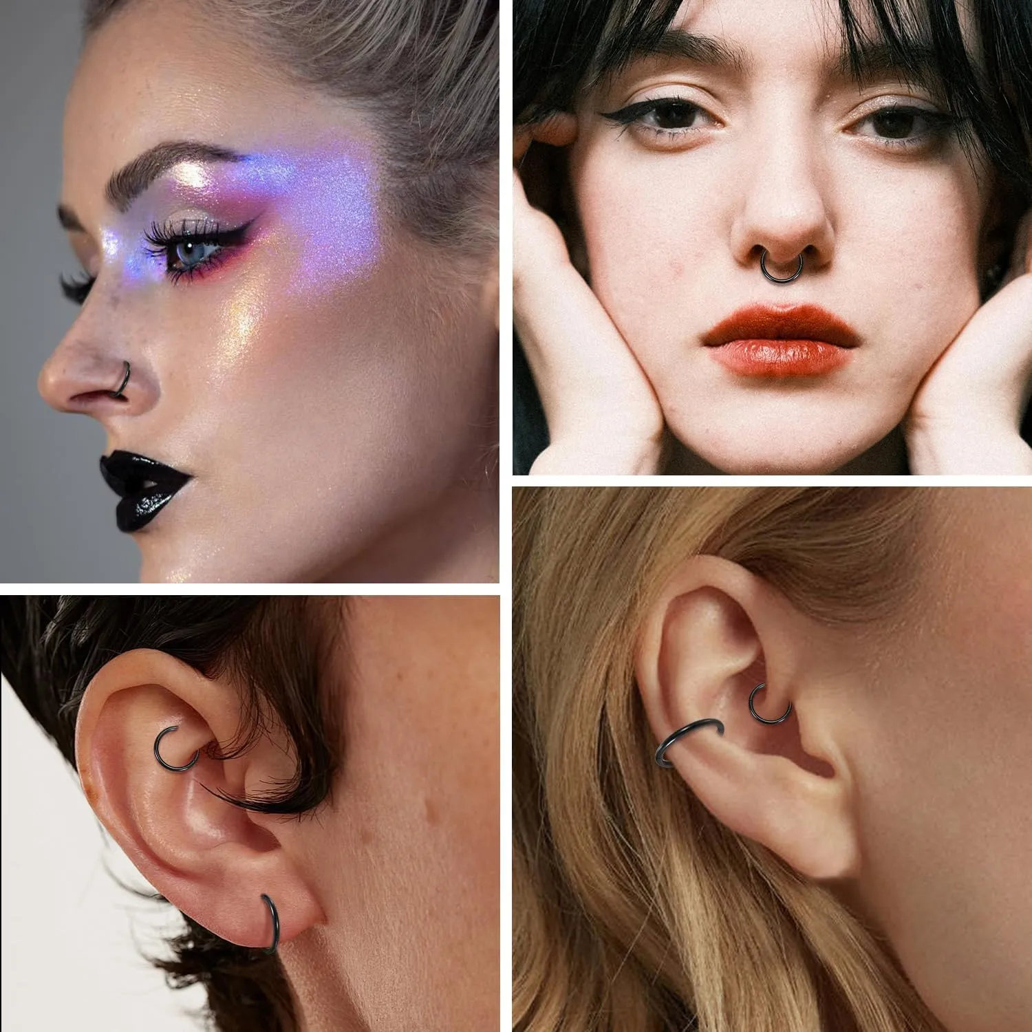 FUNLMO 2pcs Titanium Half Closure New Secure Hook Hinge Segment Ring for Nose Septum Conch Daith Helix Tragus Rook Cartilage Piercing 18G 16G 6mm to12mm
