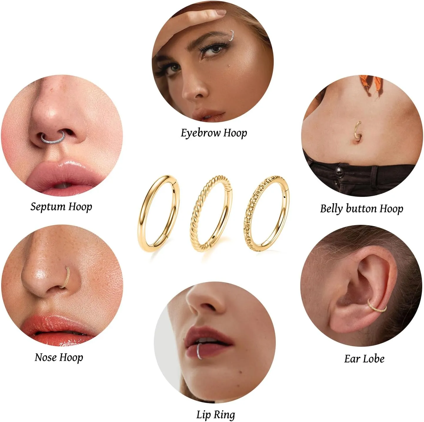 FUNLMO 3Pcs Nose Rings 316L Surgical Steel Septum Rings Tragus Helix Conch Rook Daith Piercing Jewelry Cartilage Earring Lip Rings for Women Men
