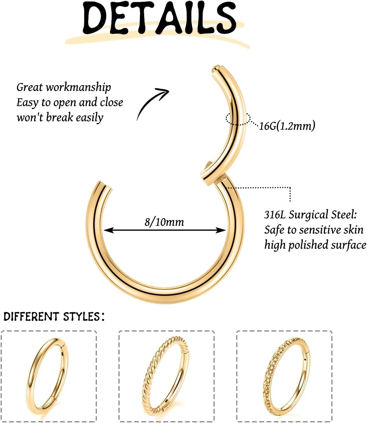 FUNLMO 3Pcs Nose Rings 316L Surgical Steel Septum Rings Tragus Helix Conch Rook Daith Piercing Jewelry Cartilage Earring Lip Rings for Women Men