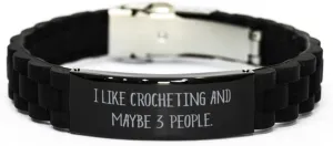 Funny Crocheting Black Glidelock Clasp Bracelet, I Like Crocheting, Unique Gifts for Friends from Friends, Birthday Unique Gifts, Friends bracelet, Black bracelet, Bracelet gift, Friendship bracelet