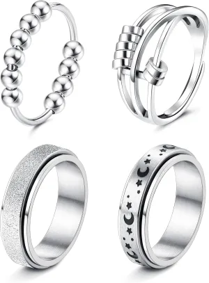 FUNRUN JEWELRY Stainless Steel Fidget Anxiety Ring for Women Men Fidget Spinner Rings Moon Star Celtic Stress Relieving Spinning Ring Wedding Band Rings Set,4-6Pcs