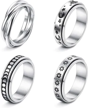 FUNRUN JEWELRY Stainless Steel Fidget Anxiety Ring for Women Men Fidget Spinner Rings Moon Star Celtic Stress Relieving Spinning Ring Wedding Band Rings Set,4-6Pcs