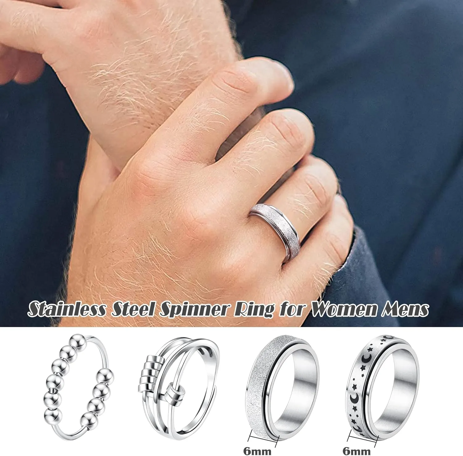 FUNRUN JEWELRY Stainless Steel Fidget Anxiety Ring for Women Men Fidget Spinner Rings Moon Star Celtic Stress Relieving Spinning Ring Wedding Band Rings Set,4-6Pcs