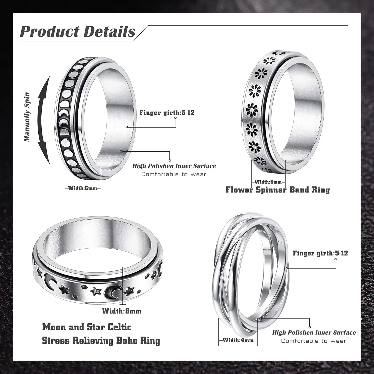 FUNRUN JEWELRY Stainless Steel Fidget Anxiety Ring for Women Men Fidget Spinner Rings Moon Star Celtic Stress Relieving Spinning Ring Wedding Band Rings Set,4-6Pcs