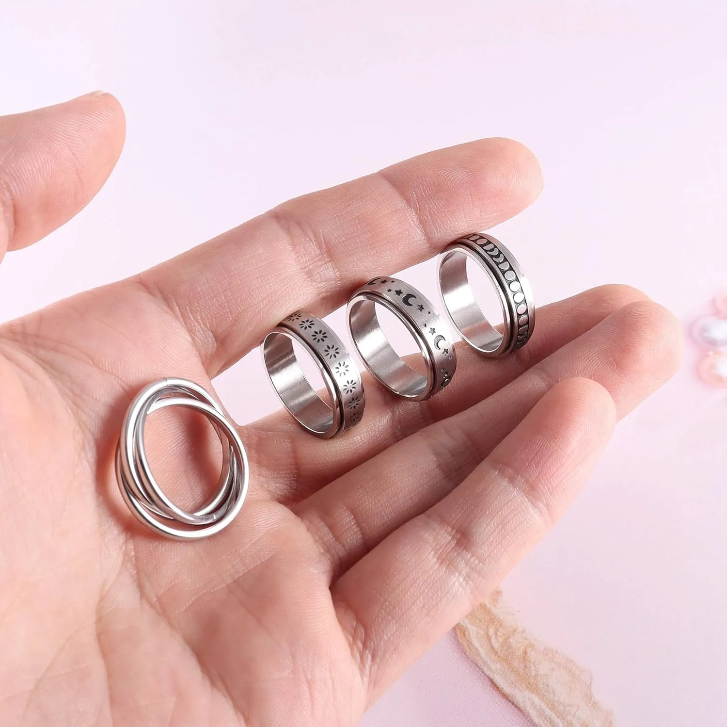 FUNRUN JEWELRY Stainless Steel Fidget Anxiety Ring for Women Men Fidget Spinner Rings Moon Star Celtic Stress Relieving Spinning Ring Wedding Band Rings Set,4-6Pcs