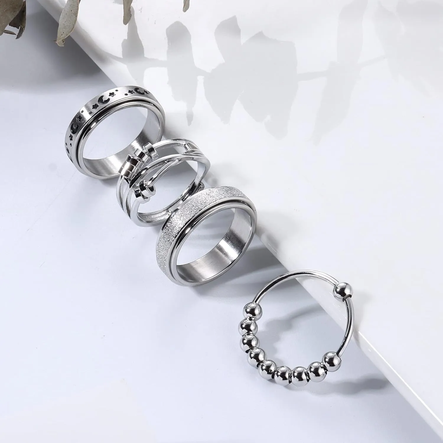 FUNRUN JEWELRY Stainless Steel Fidget Anxiety Ring for Women Men Fidget Spinner Rings Moon Star Celtic Stress Relieving Spinning Ring Wedding Band Rings Set,4-6Pcs