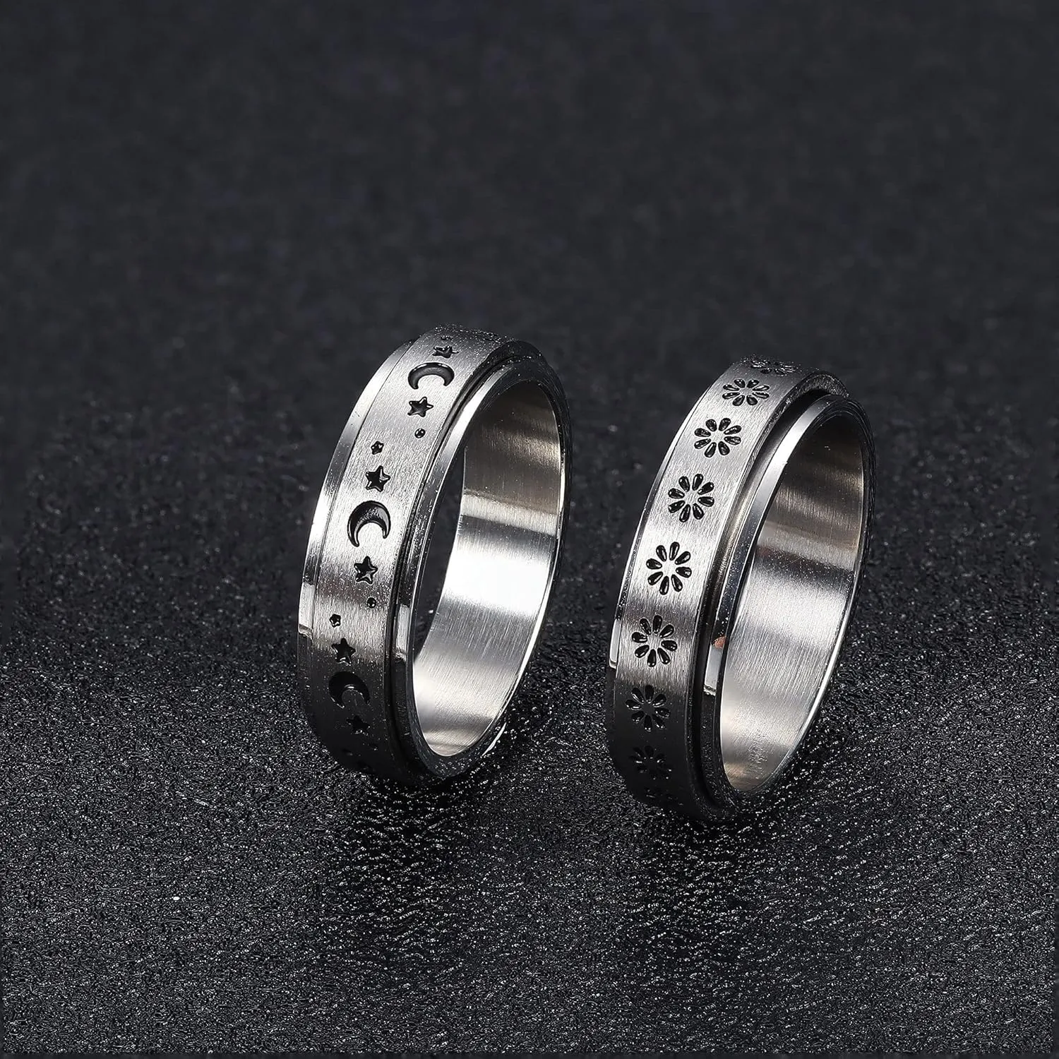 FUNRUN JEWELRY Stainless Steel Fidget Anxiety Ring for Women Men Fidget Spinner Rings Moon Star Celtic Stress Relieving Spinning Ring Wedding Band Rings Set,4-6Pcs