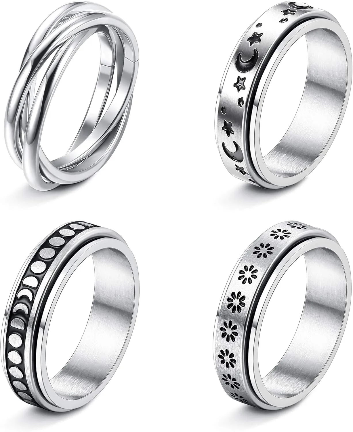 FUNRUN JEWELRY Stainless Steel Fidget Anxiety Ring for Women Men Fidget Spinner Rings Moon Star Celtic Stress Relieving Spinning Ring Wedding Band Rings Set,4-6Pcs