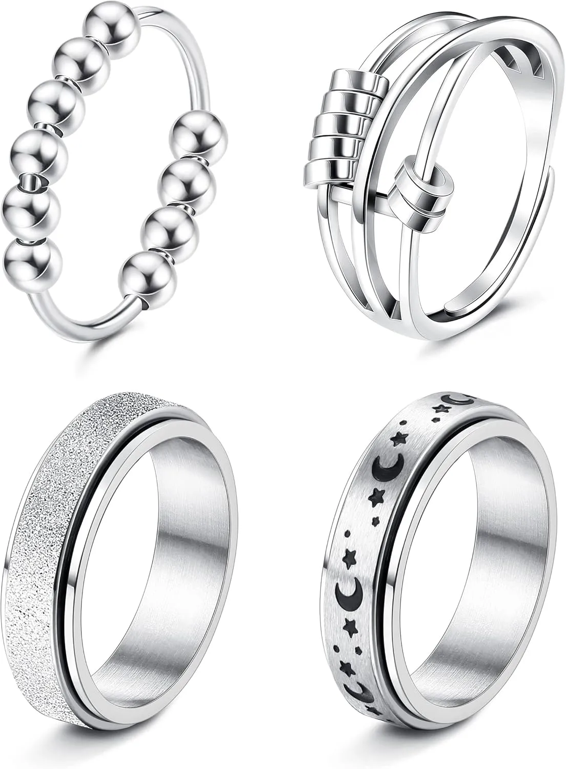 FUNRUN JEWELRY Stainless Steel Fidget Anxiety Ring for Women Men Fidget Spinner Rings Moon Star Celtic Stress Relieving Spinning Ring Wedding Band Rings Set,4-6Pcs