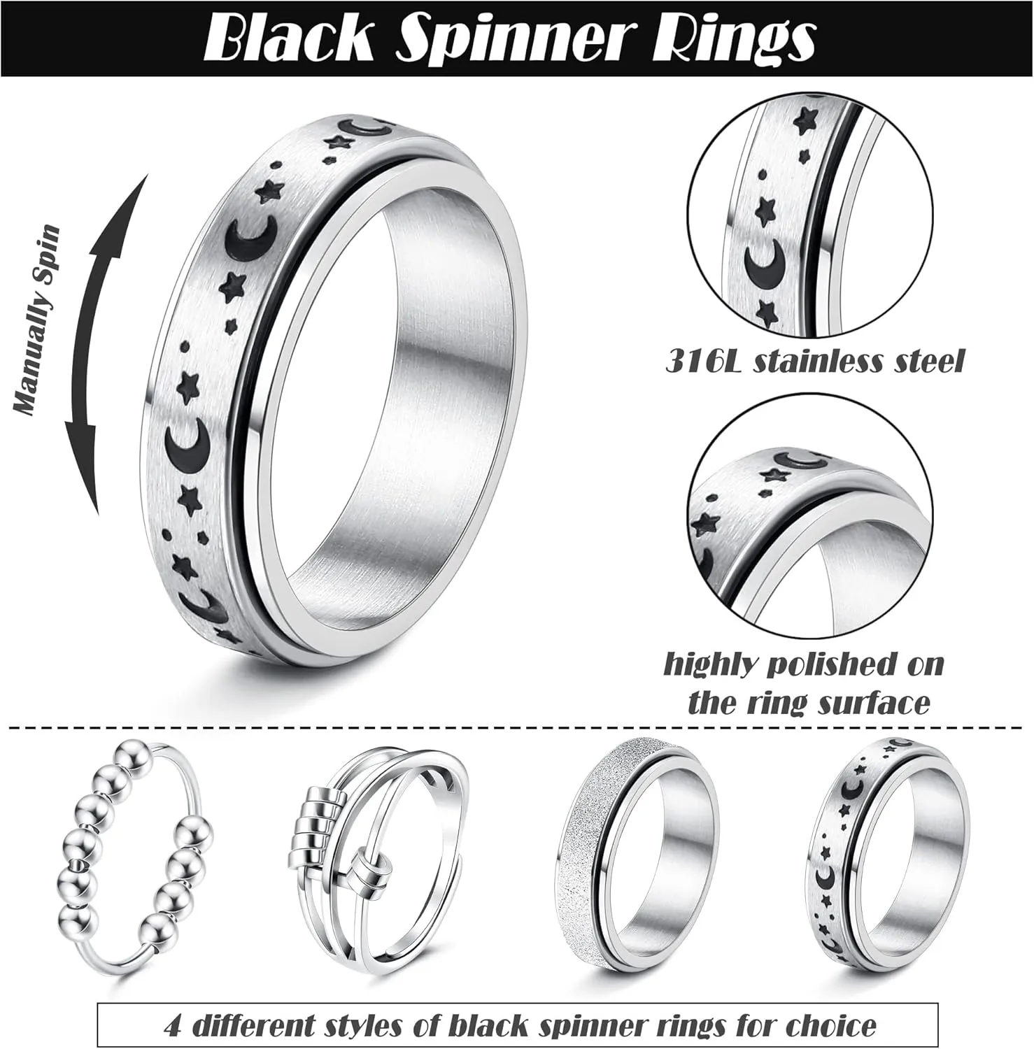 FUNRUN JEWELRY Stainless Steel Fidget Anxiety Ring for Women Men Fidget Spinner Rings Moon Star Celtic Stress Relieving Spinning Ring Wedding Band Rings Set,4-6Pcs