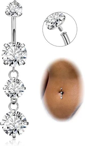 G23 Titanium Dangle Belly Button Rings for Women Dangling Navel Rings CZ Belly Rings Curved Barbell Internally Threaded Belly Piercing Jewelry