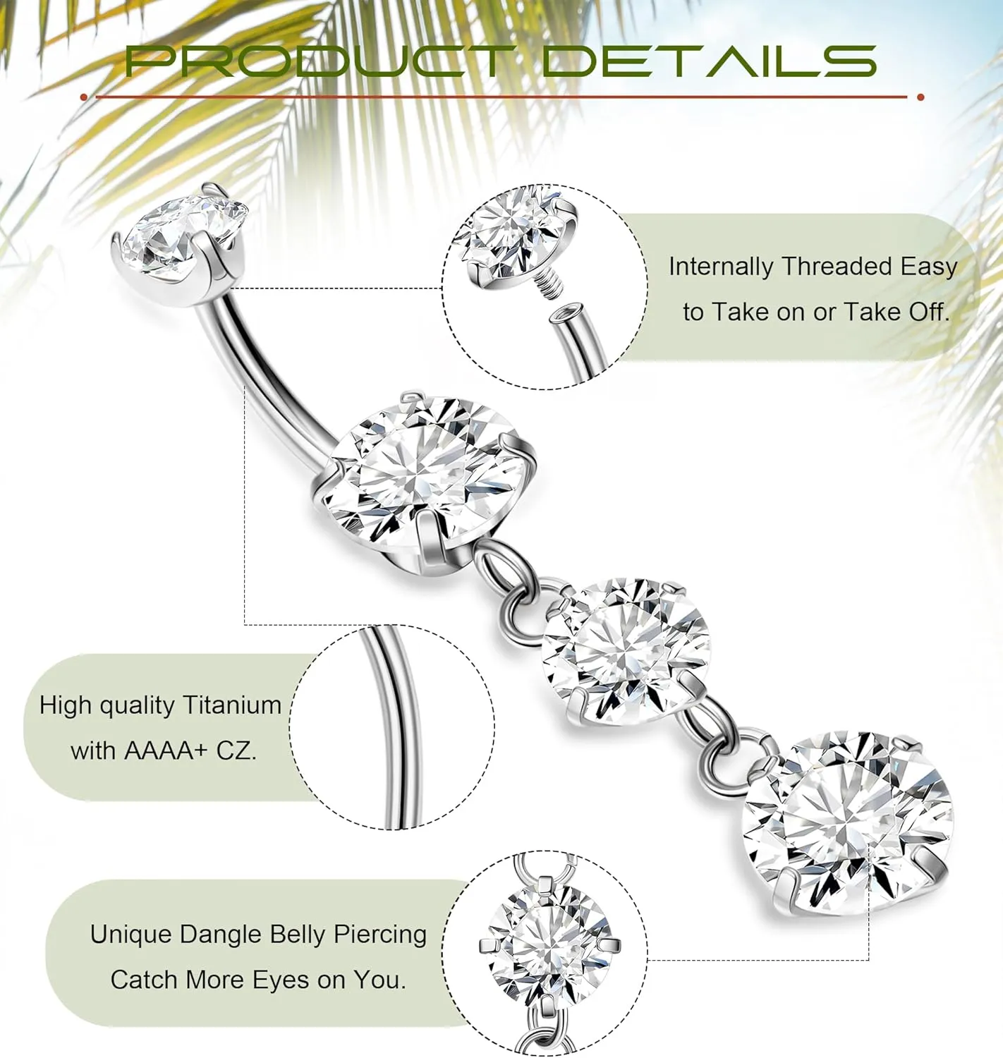 G23 Titanium Dangle Belly Button Rings for Women Dangling Navel Rings CZ Belly Rings Curved Barbell Internally Threaded Belly Piercing Jewelry