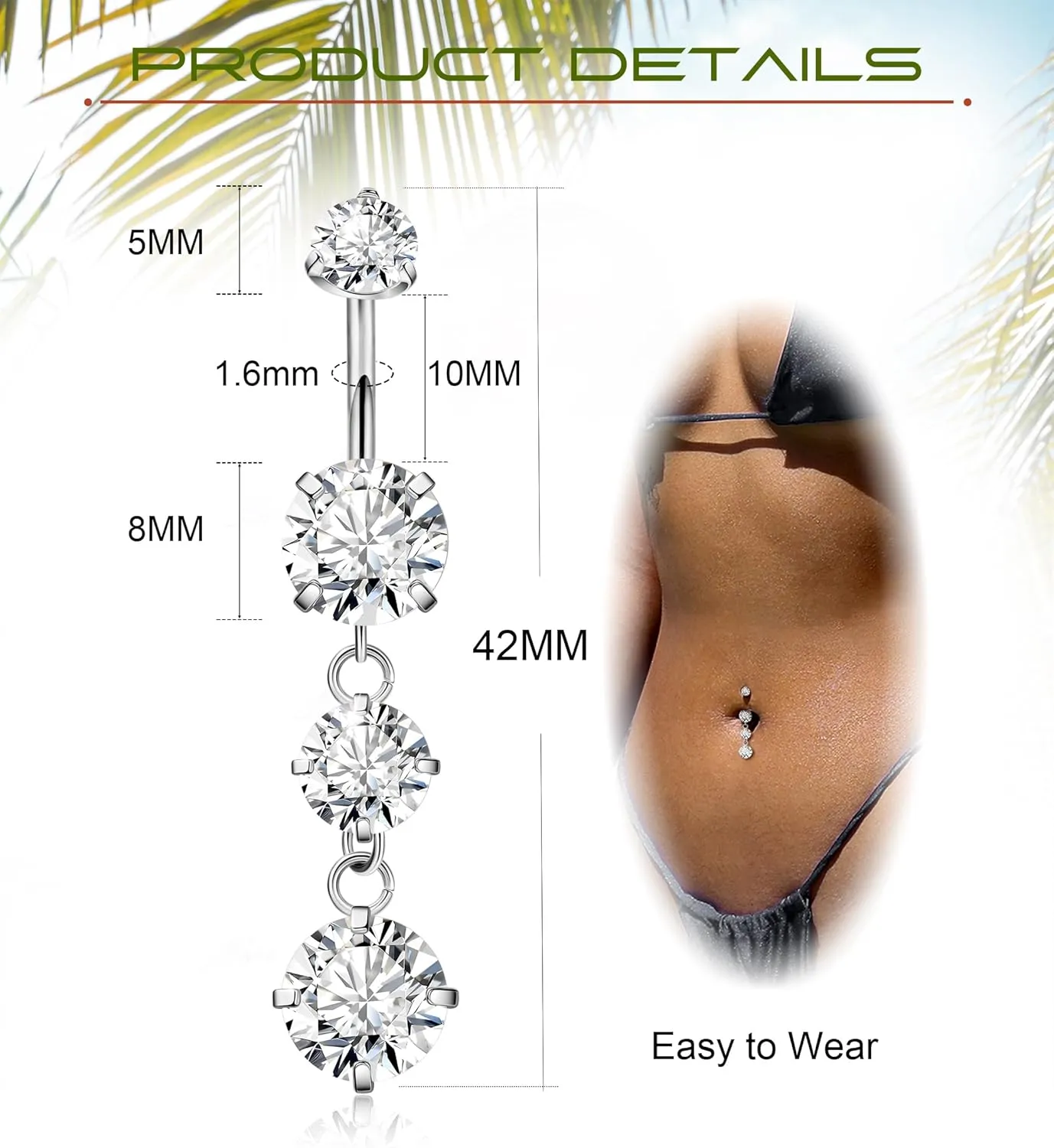 G23 Titanium Dangle Belly Button Rings for Women Dangling Navel Rings CZ Belly Rings Curved Barbell Internally Threaded Belly Piercing Jewelry