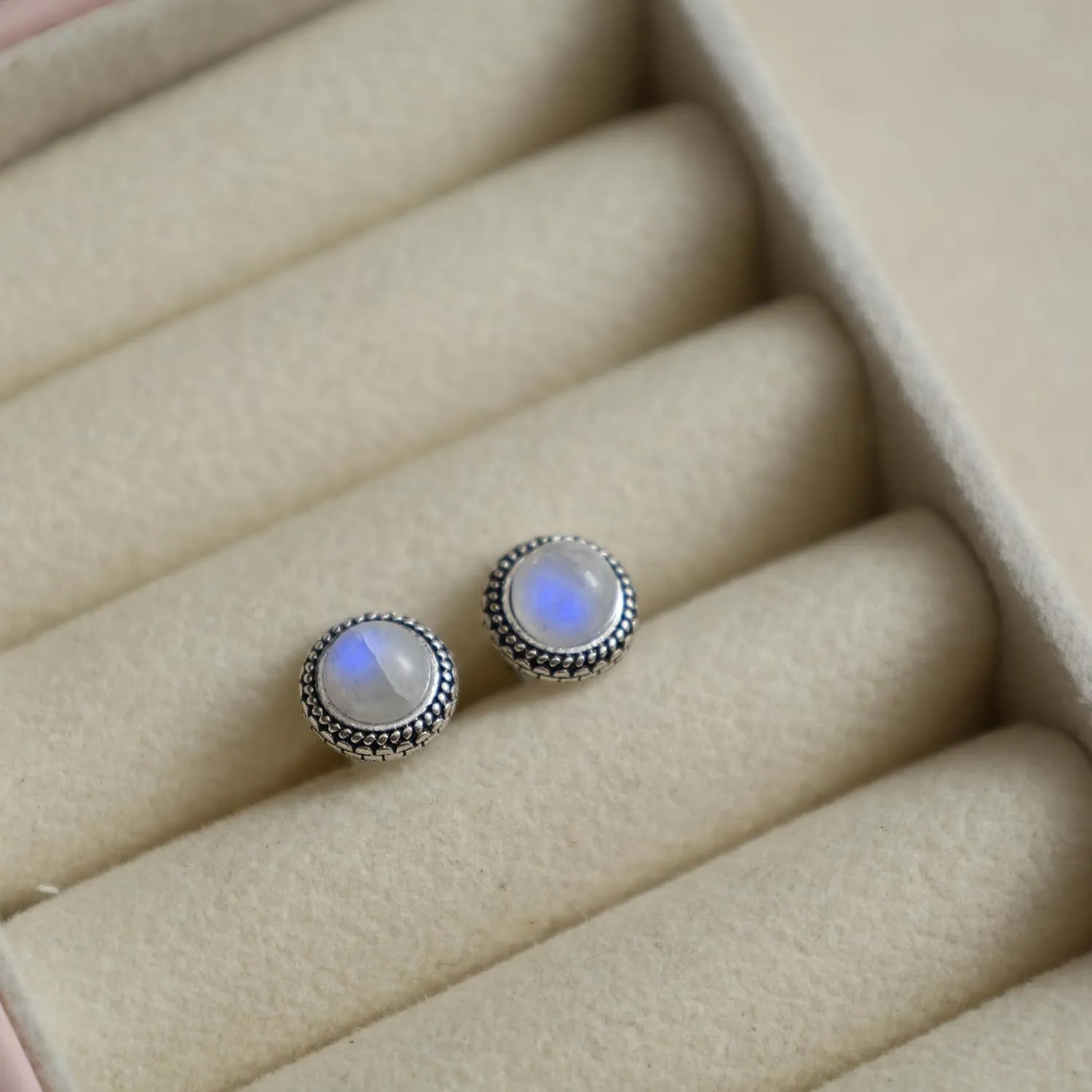 Gempires Rainbow Moonstone Stud Earrings June Birthstone Gemstone Jewelry Trendy Western Jewelry Gifts Hypoallergenic New Beginning Silver Plated Oxidized Round Post Earrings