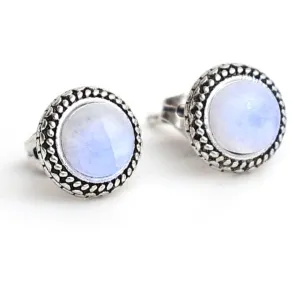 Gempires Rainbow Moonstone Stud Earrings June Birthstone Gemstone Jewelry Trendy Western Jewelry Gifts Hypoallergenic New Beginning Silver Plated Oxidized Round Post Earrings