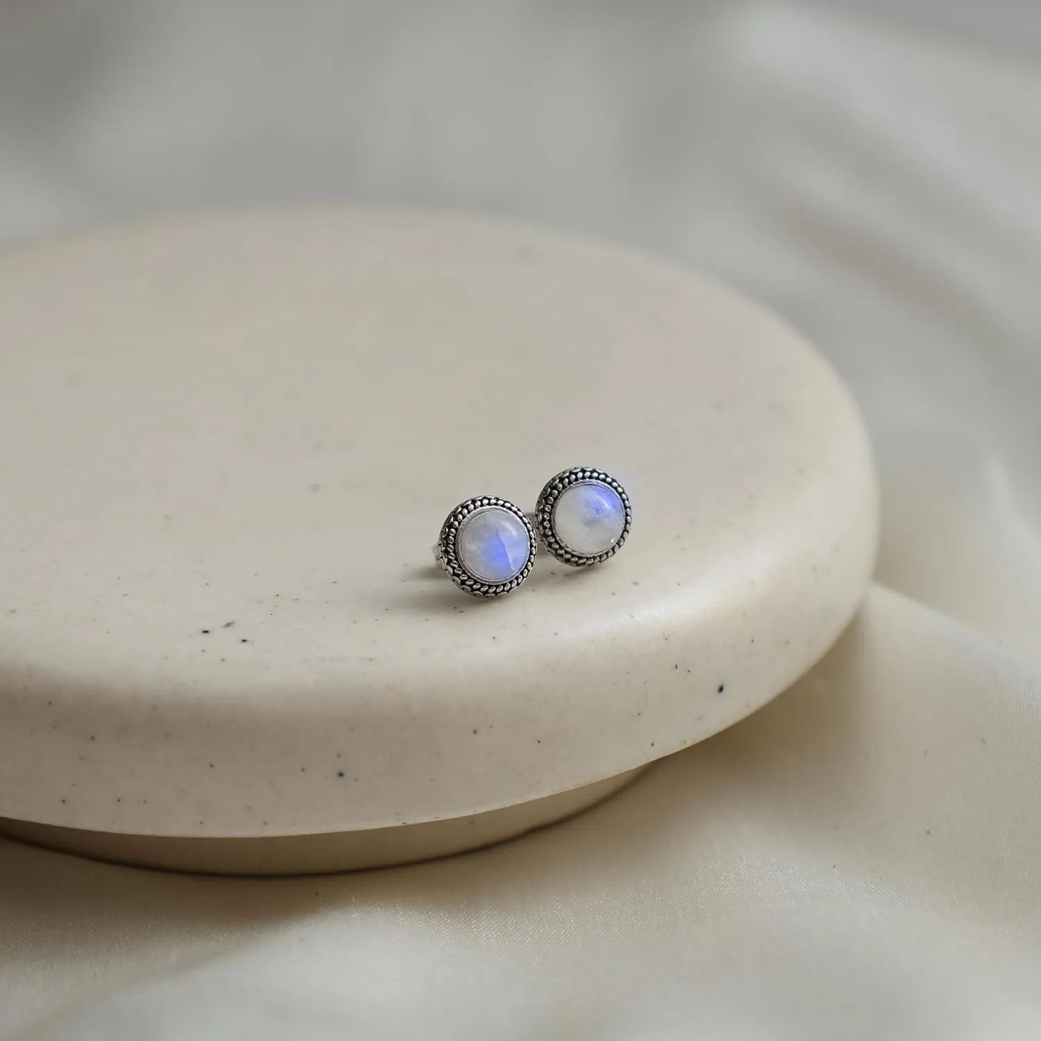 Gempires Rainbow Moonstone Stud Earrings June Birthstone Gemstone Jewelry Trendy Western Jewelry Gifts Hypoallergenic New Beginning Silver Plated Oxidized Round Post Earrings