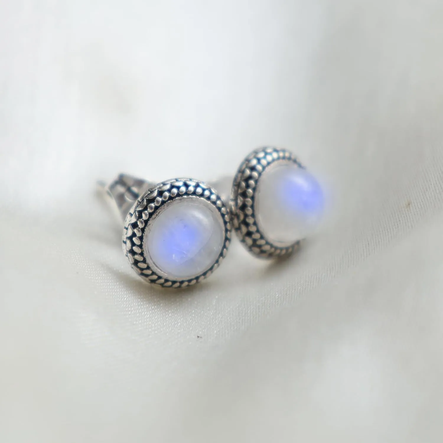 Gempires Rainbow Moonstone Stud Earrings June Birthstone Gemstone Jewelry Trendy Western Jewelry Gifts Hypoallergenic New Beginning Silver Plated Oxidized Round Post Earrings