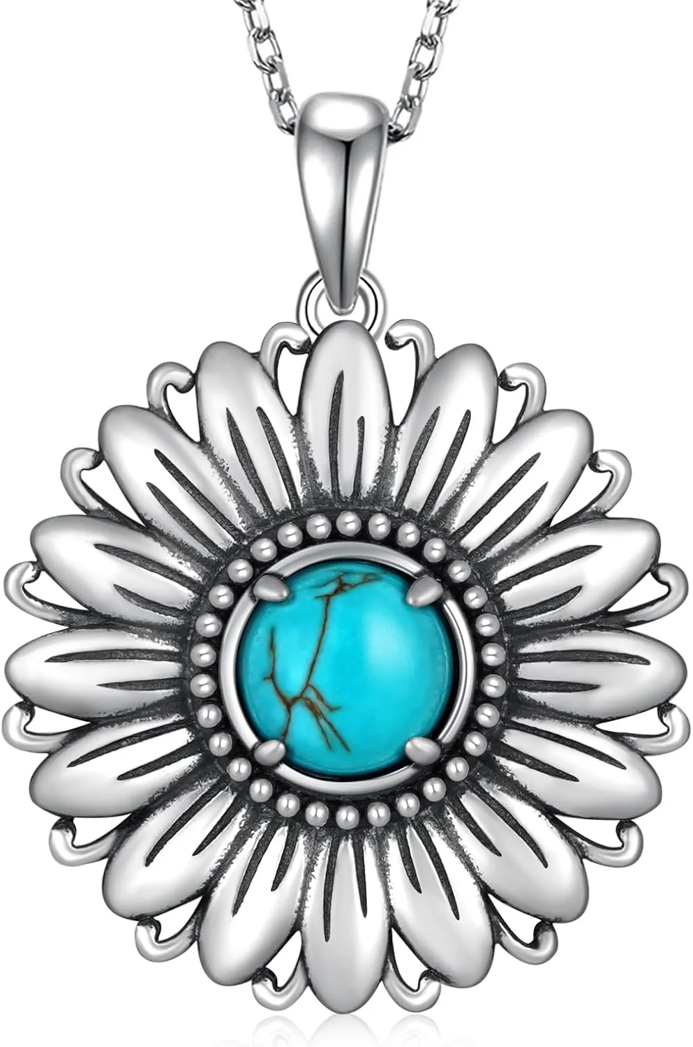 Genuine Sterling Silver Sunflower Turquoise Necklace - Vintage Western Nature Gemstone Jewelry for Women