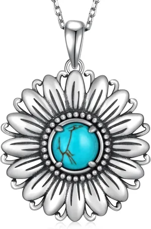 Genuine Sterling Silver Sunflower Turquoise Necklace - Vintage Western Nature Gemstone Jewelry for Women