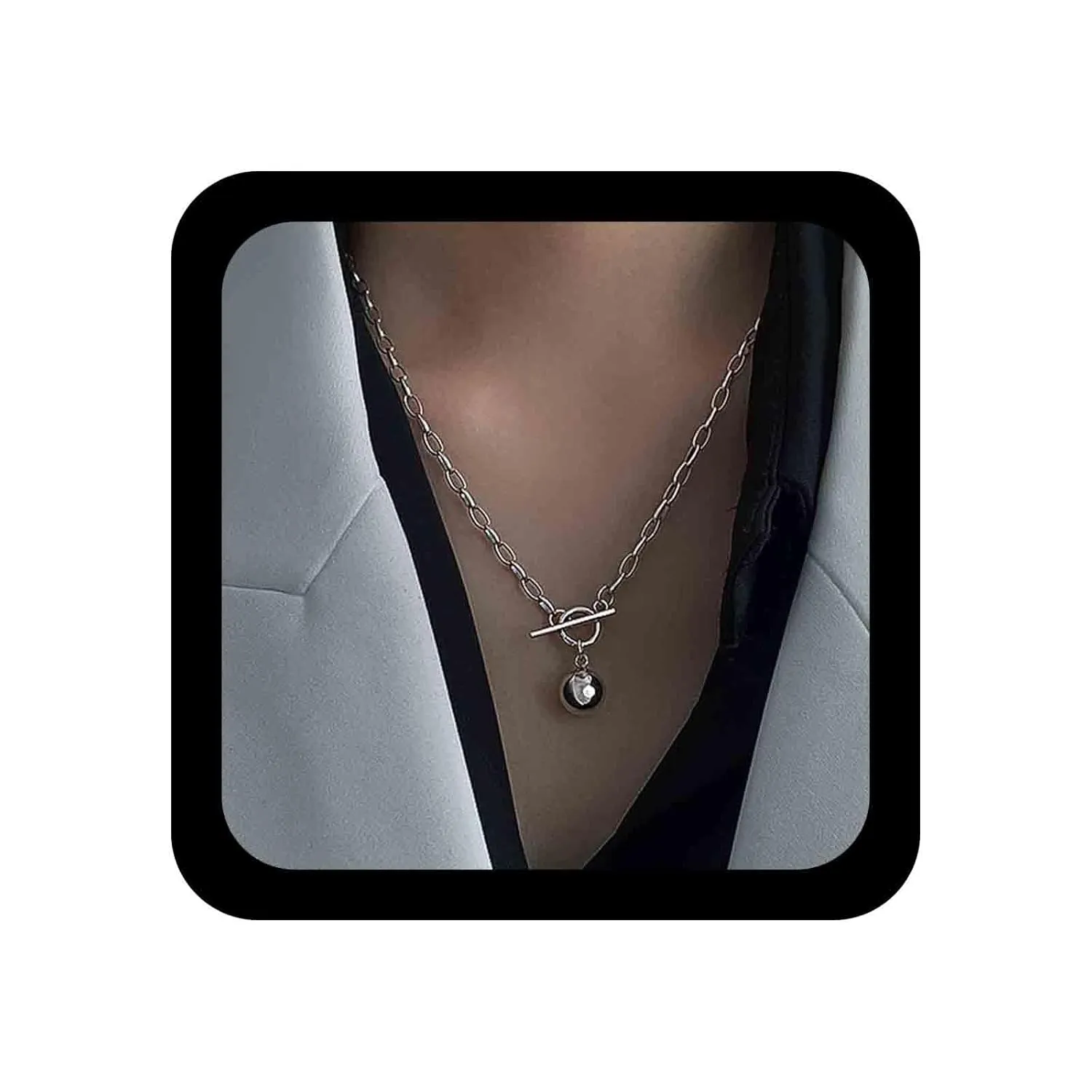 Geometric Ball Pendant Necklace Silver Paper Clip Necklace Punk Oval Link Chain Necklace Short Rectangle Chain Necklace Toggle Necklace Jewelry for Women