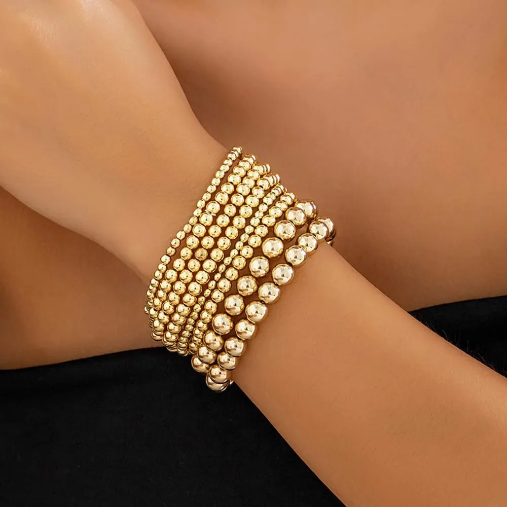 GIGB PBDK Chunky 14K Gold Bracelet Set for Women Layering Stackable Beaded Bracelet Stack Adjustable Silver Beaded Ball Bracelets Trendy Birthday Jewelry Gifts
