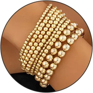 GIGB PBDK Chunky 14K Gold Bracelet Set for Women Layering Stackable Beaded Bracelet Stack Adjustable Silver Beaded Ball Bracelets Trendy Birthday Jewelry Gifts