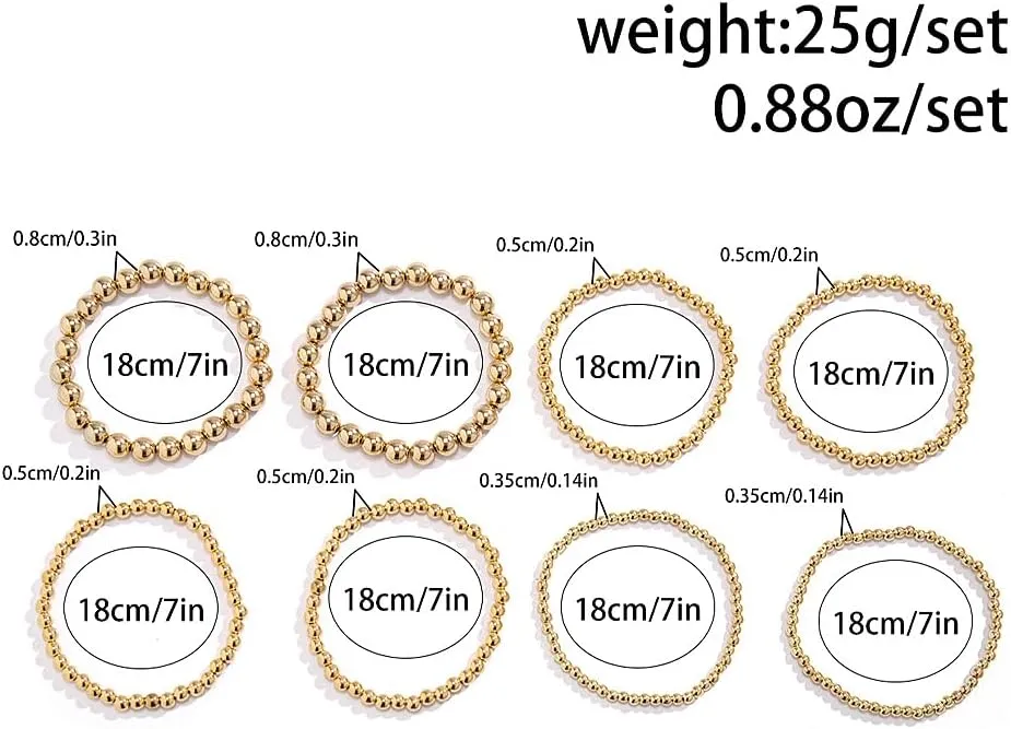 GIGB PBDK Chunky 14K Gold Bracelet Set for Women Layering Stackable Beaded Bracelet Stack Adjustable Silver Beaded Ball Bracelets Trendy Birthday Jewelry Gifts
