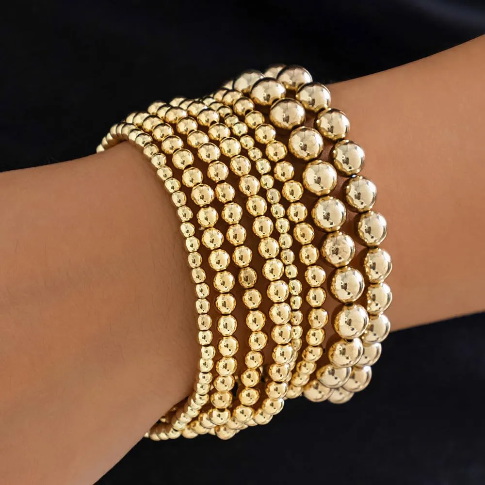 GIGB PBDK Chunky 14K Gold Bracelet Set for Women Layering Stackable Beaded Bracelet Stack Adjustable Silver Beaded Ball Bracelets Trendy Birthday Jewelry Gifts