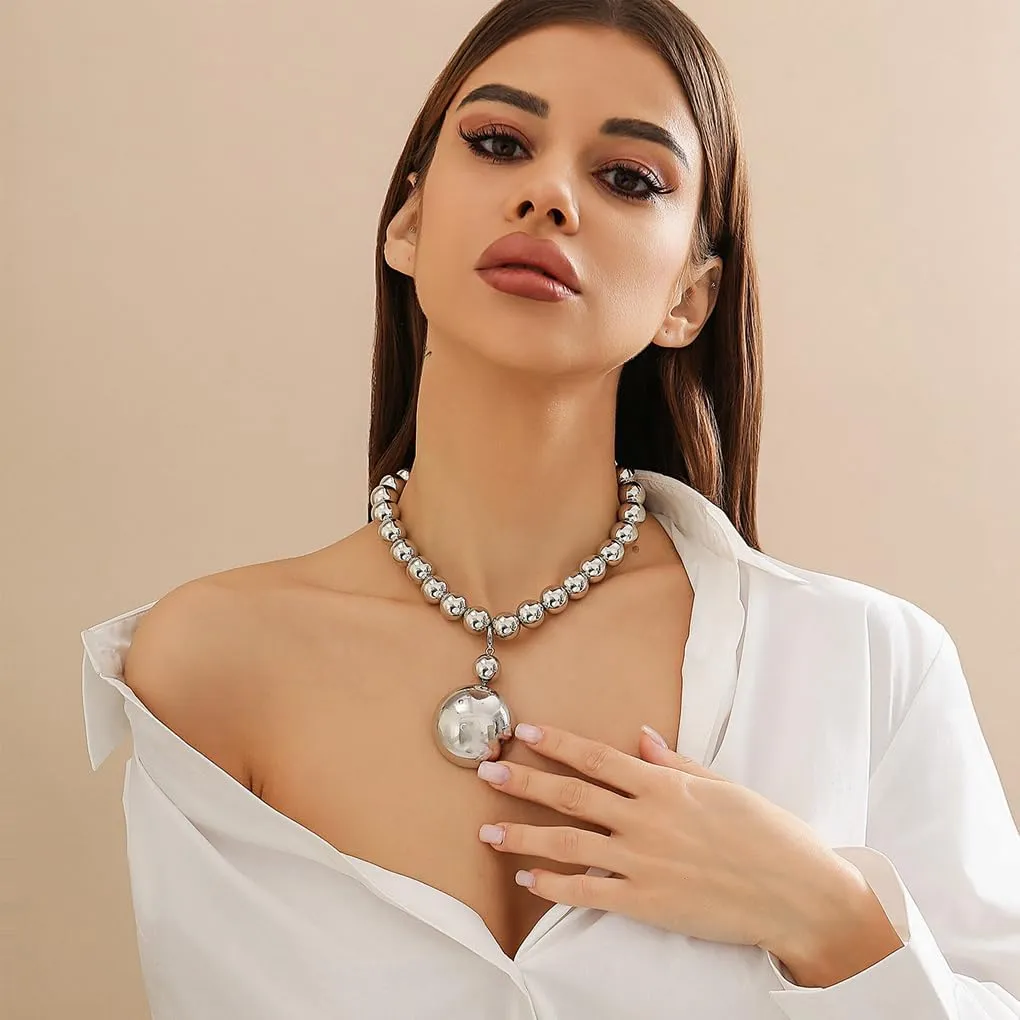 GIGB PBDK Chunky Gold Beaded Necklaces for Women Punk Big Hemisphere Beaded Pendant Necklace Adjustable Exaggerated Ball Choker Necklace Trendy Jewelry Gifts
