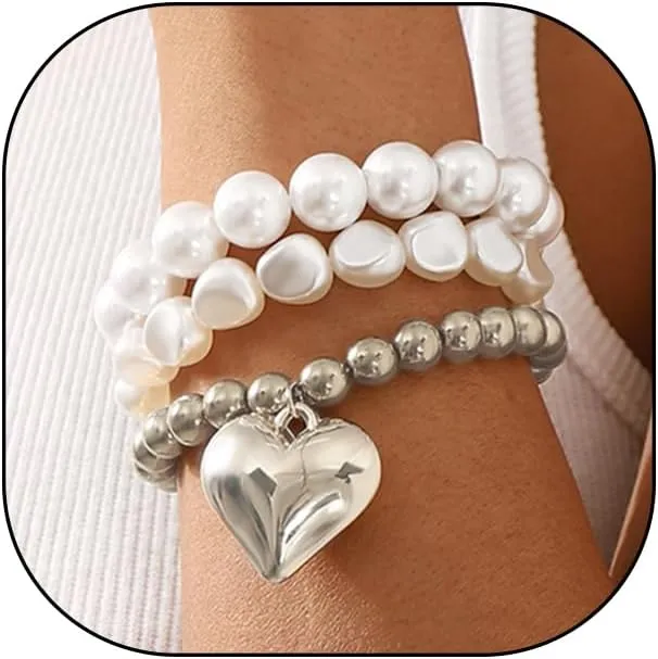 GIGB PBDK Chunky Pearl Heart Bracelets for Women Stackable Gold Baroque Pearl Heart Beaded Bracelet Set Adjustable Stretch Bracelets Trendy Jewelry Presents